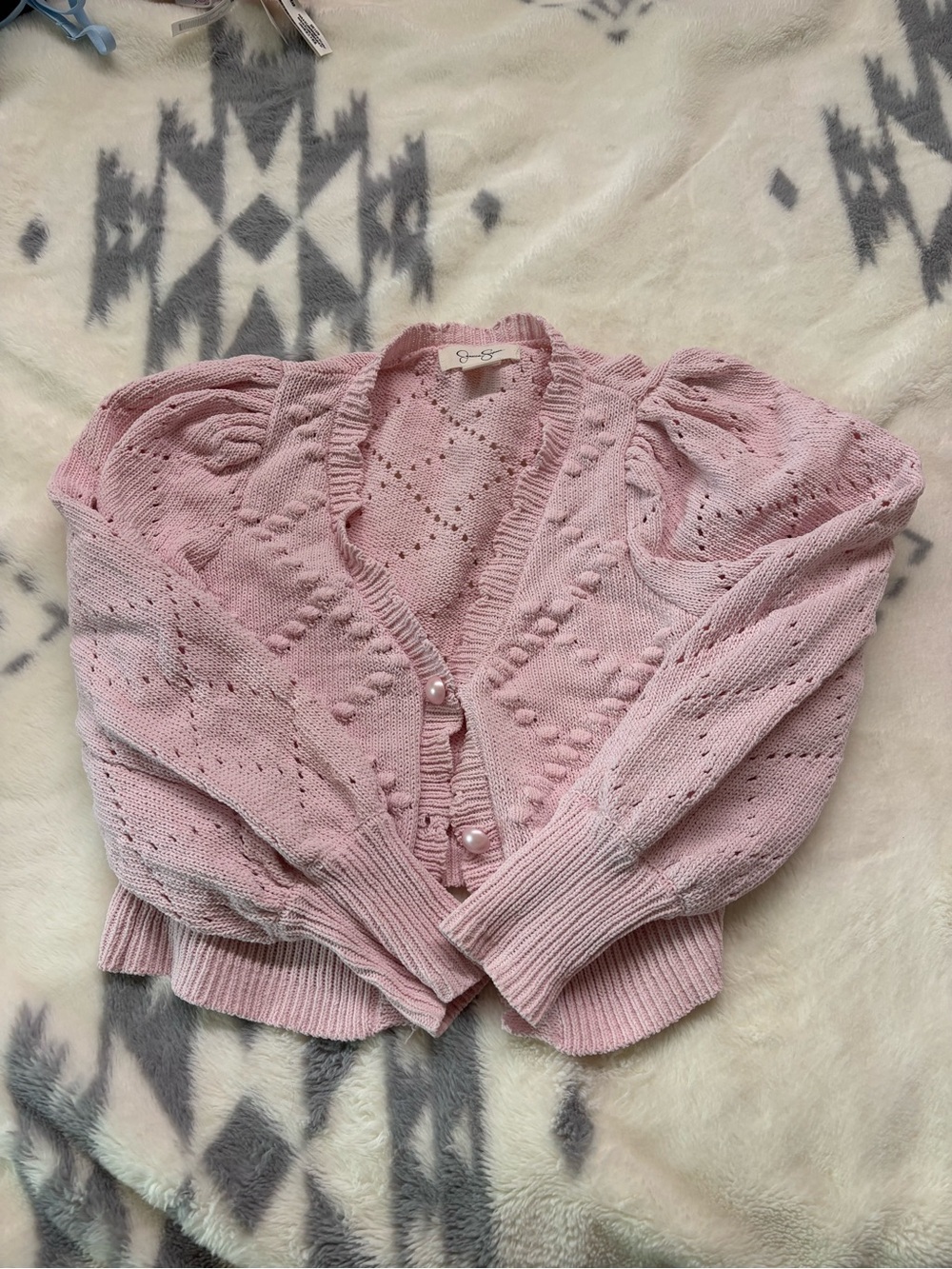 Jessica Simpson Dusty Pink Puff-Sleeve Eyelet Cardigan